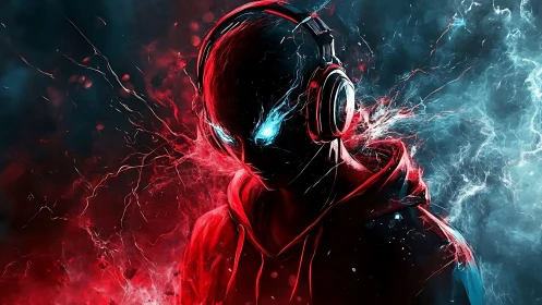 Neon storm listener with electric eyes and blazing hoodie.