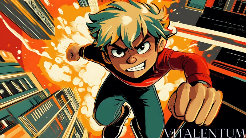 Dynamic anime hero rockets through a vivid urban skyline