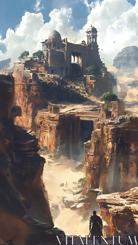 Desert cliff citadel with lone figure in atmospheric perspective.