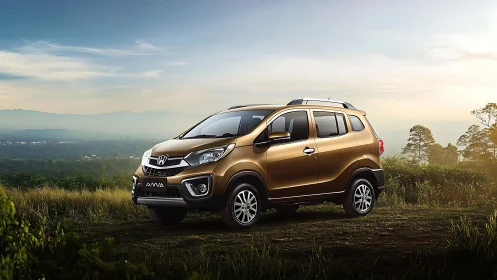 Metallic brown compact MPV with elevated ride height under soft daylight