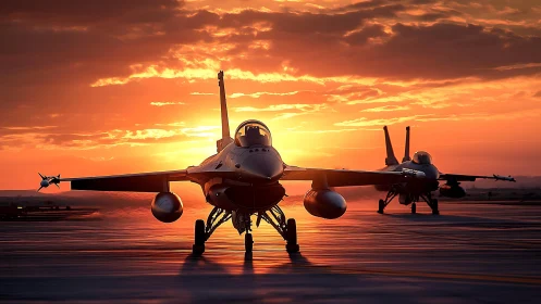 Military jet aircraft aligned on runway at sunset horizon.