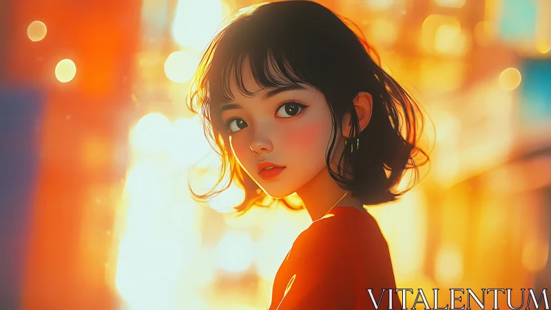 Soft city lights embrace a thoughtful girl in glowing color
