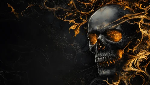 Fiery skull swirls with glowing embers in dark dramatic space.