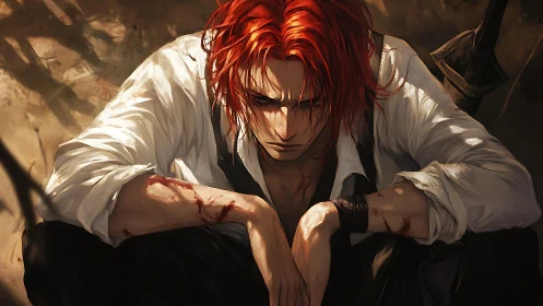 Battle-worn red haired warrior resting in shadowed dust.