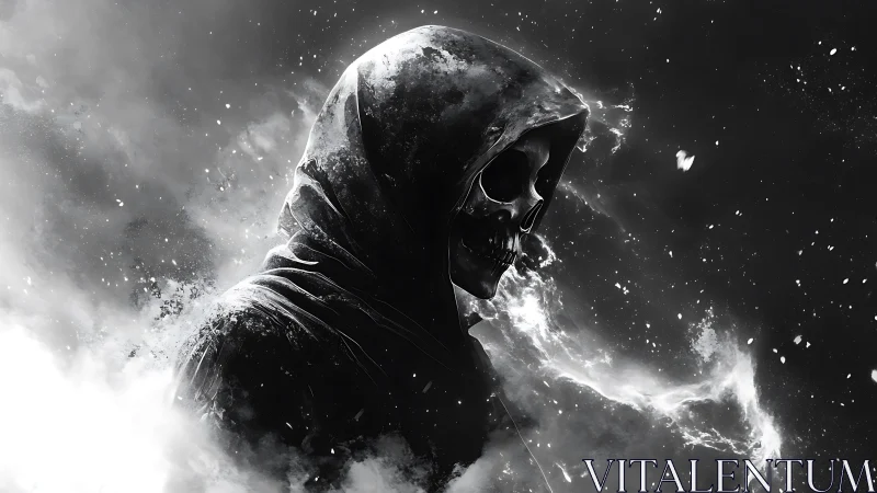 Hooded skeletal wraith in swirling monochrome smoke.