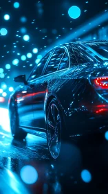 Sleek sedan reflects neon rain on wet night highway.
