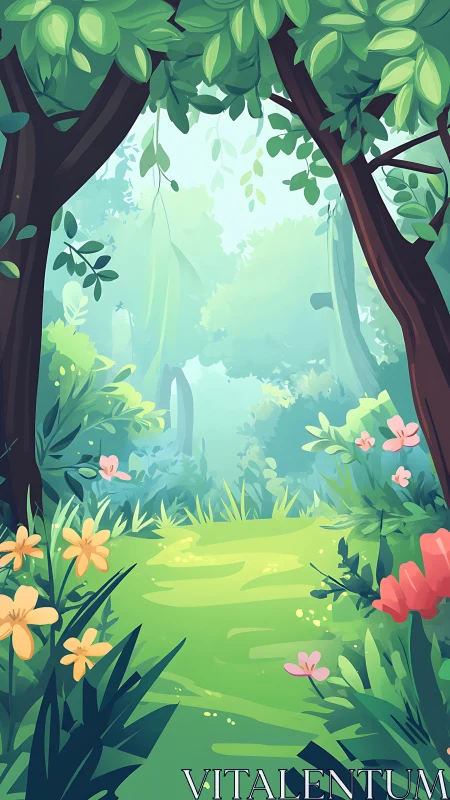 Luminous Forest Path: Layered Digital Landscape with Photochromatic Foliage.