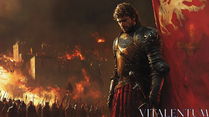 Battle-weary knight broods beside burning fortress walls.