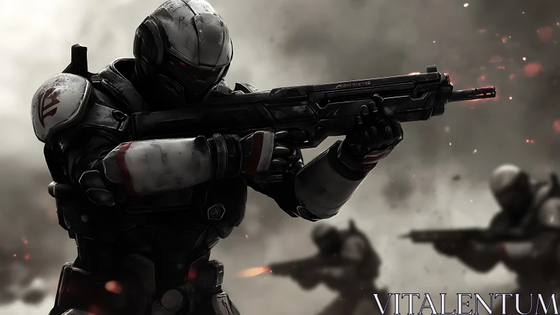 Armored space soldier advances through burning battlefield