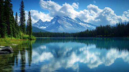 Mirror-still mountain lake quietly rehearses the sky