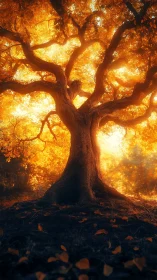Golden autumn tree glowing with soft sunset light.