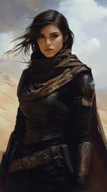 Female desert fighter in tactical armor against dunes background.