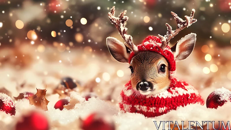 Snowy sweater fawn crowned in cozy candy-cane antlers.