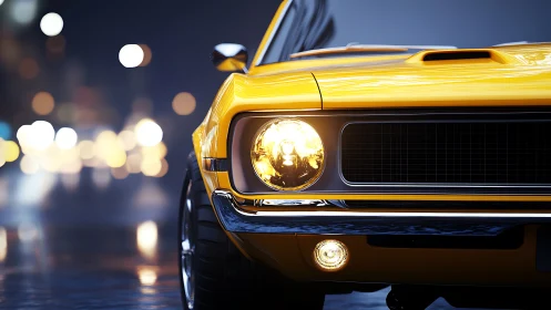 Close-up yellow muscle car front end with shallow depth of field at night