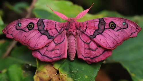 Bright pink moth with patterned wings on green leaf.