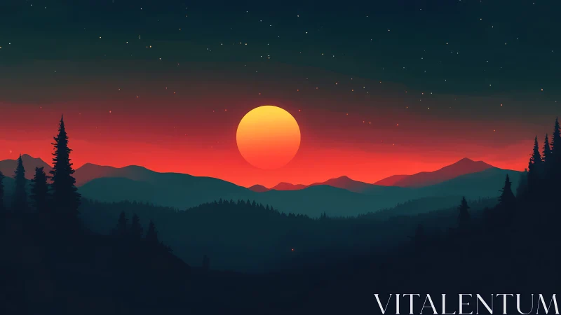 Glowing sunset over quiet pine mountains with starry sky.