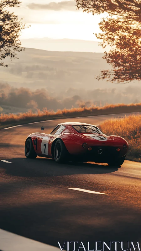 Red vintage race car follows curved rural road at sunset