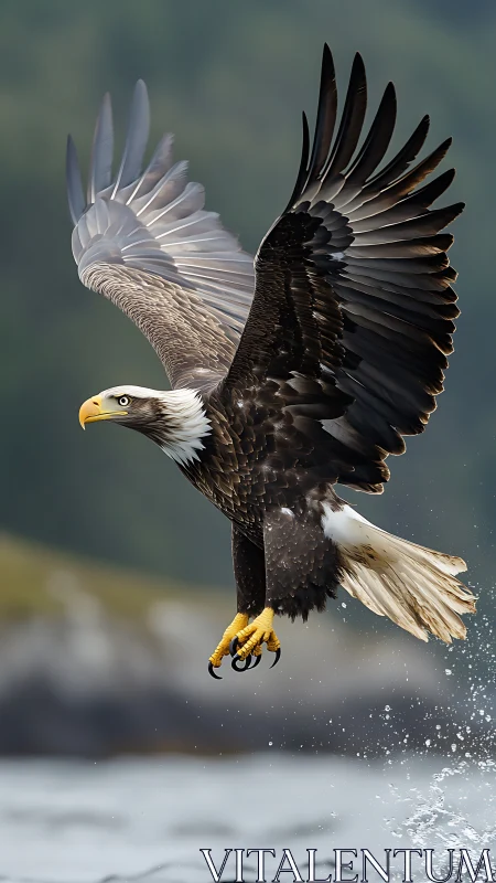 Photorealistic bald eagle in dynamic coastal flight composition.