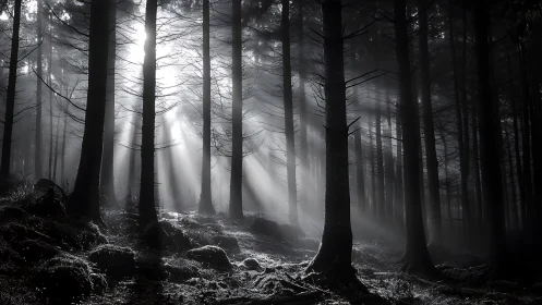 Monochromatic Forest Landscape with Crepuscular Light Rays Penetrating Bare Tree Canopy