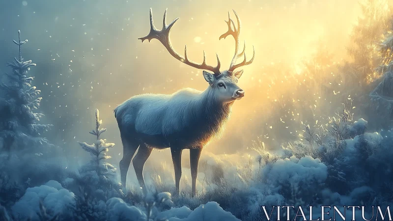 Winter stag illuminated by ethereal backlit golden haze.