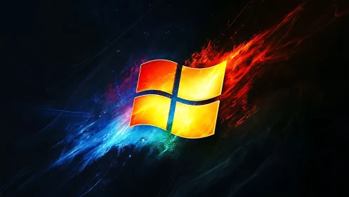 Windows-style luminous logo over bifurcated fire ice streaks.