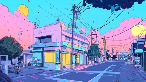 Neon dusk street scene under cotton candy sky.