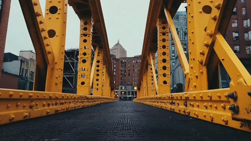 Low-angle urban bridge perspective with industrial framing.