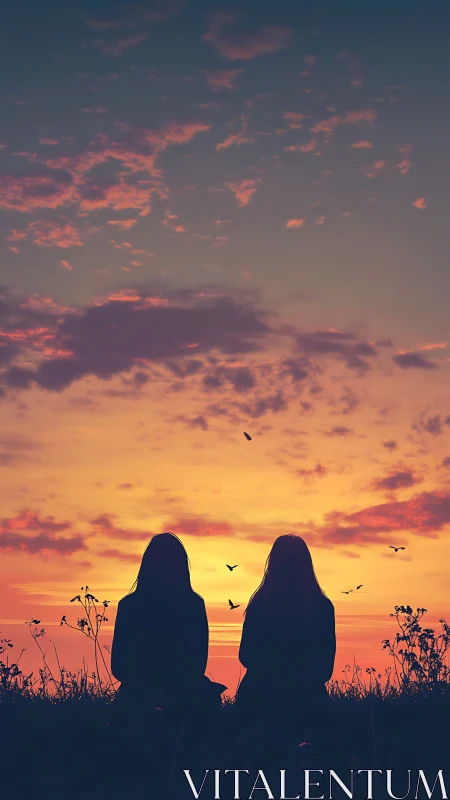 Silhouetted friends sit quietly beneath a glowing sunset sky.