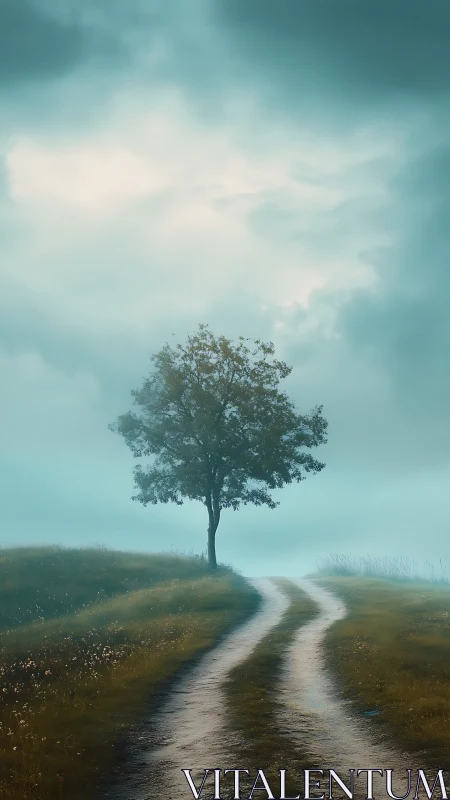 Solitary tree beside winding path under overcast sky.