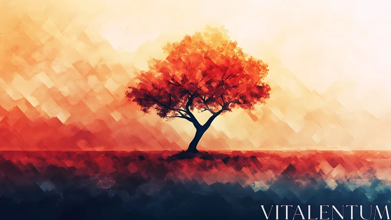 Solitary deciduous tree in stylized red and orange field.