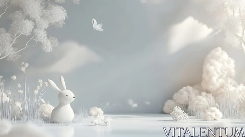 Dreamlit porcelain bunny waits beneath a wandering clouded sky.
