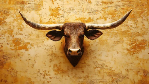 Longhorn spirit quietly crowns a weathered golden wall