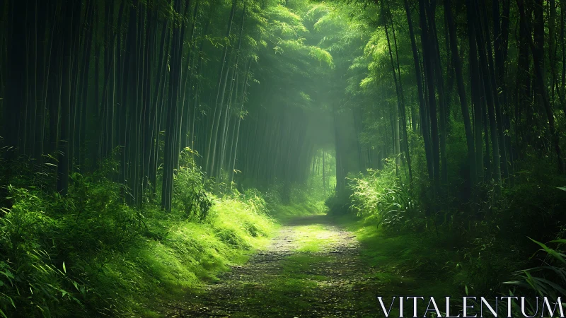 Sunlit Bamboo Forest Pathway Glowing with Green Light