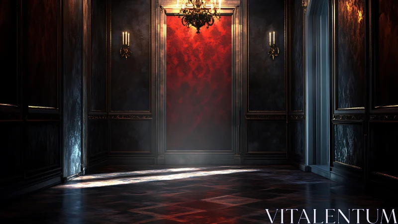 Velvet red corridor aglow with soft, mysterious light.