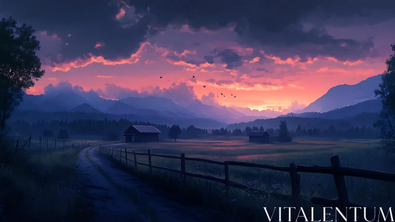 Digital twilight valley landscape with leading path composition.