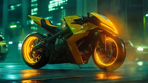 Neon yellow futuristic motorcycle in rainy city street.