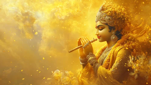 Golden divine figure playing flute in radiant yellow aura.