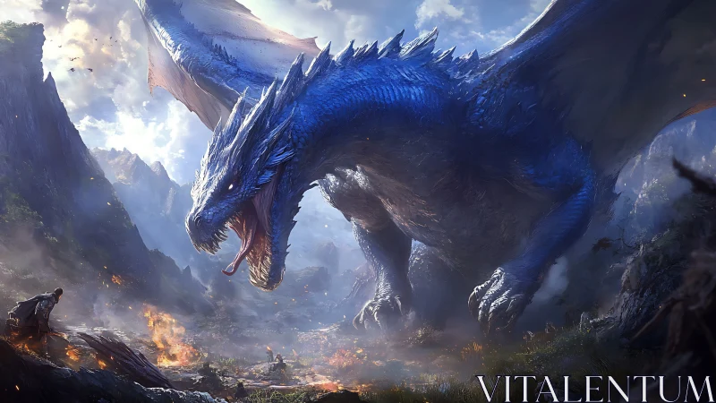 Massive blue dragon confronts lone figure in burning valley