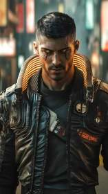Cyborg man stands in neon city wearing armored jacket