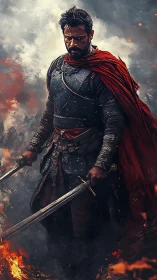 Warrior in scorched armor strides through blazing battlefield.