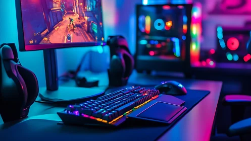 Cozy RGB gaming setup glowing in vibrant neon light.