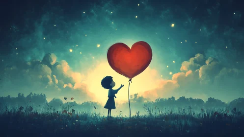 Silhouetted Child Holding Heart-Shaped Balloon in Celestial Meadow.