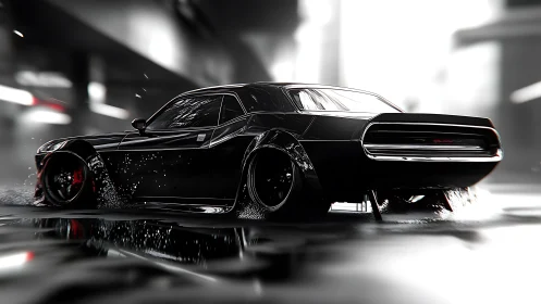 Black muscle car drifts through wet neon tunnel at speed.
