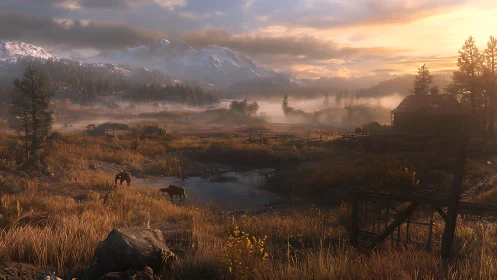 Rustic riverside cabin in misty mountain valley at dawn.
