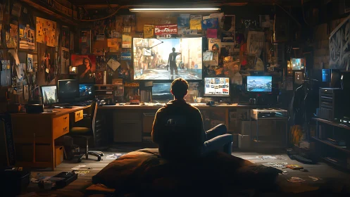 Solitary gamer in multi-monitor workspace, poster-filled den
