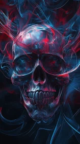 Luminous neon skull emerges from swirling electric smoke