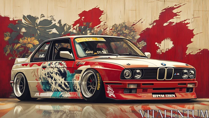 BMW E30 M3 drift build with Hokusai livery and floral mural