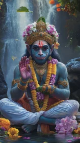 Serene blue deity offers gentle blessing beside cascading falls