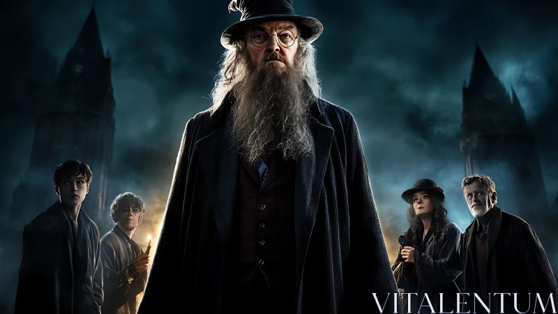 Brooding wizard leader before stormy gothic towers at night.