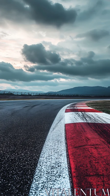 Sweeping racetrack curve invites quiet speed under moody skies